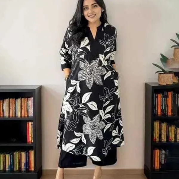 Women's Cotton Floral Printed Straight Kurti with Pant Set