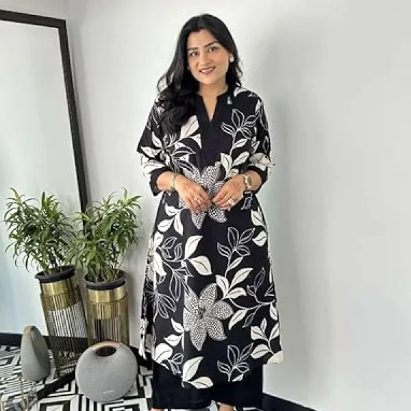 Women's Cotton Floral Printed Straight Kurti with Pant Set