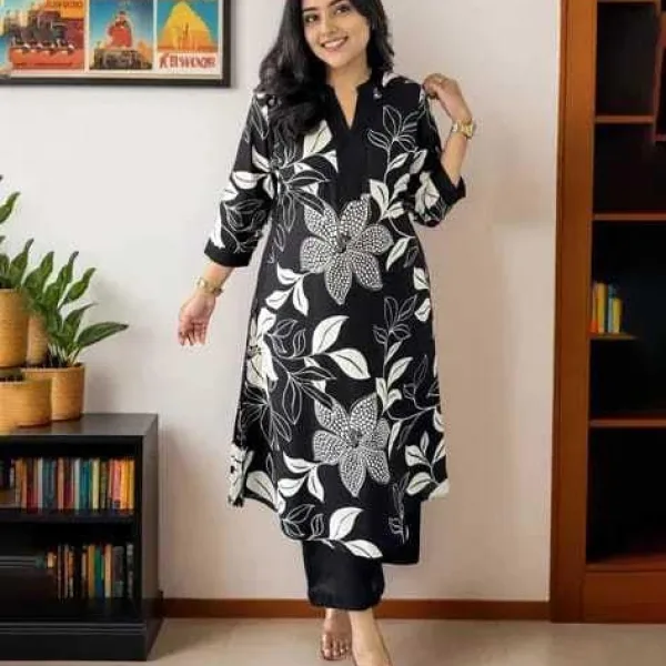 Women's Cotton Floral Printed Straight Kurti Pant Set for Casual Wear