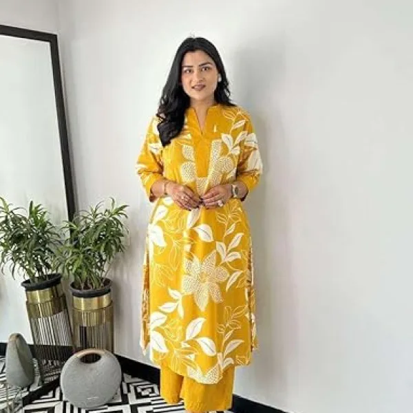 Women's Cotton Floral Printed Straight Kurti with Pant Set