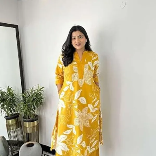 Women's Cotton Floral Printed Straight Kurti Pant Set Yellow