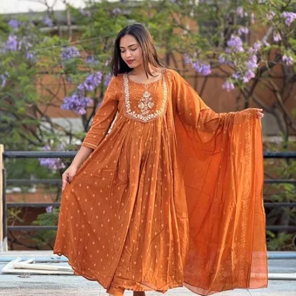 Women's Cotton Embroidery Anarkali Kurti and Pant with Dupatta Set