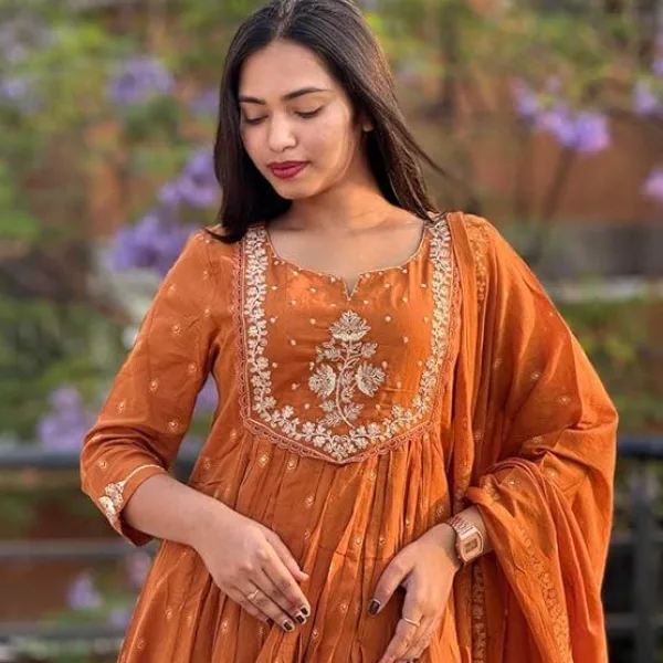 Women's Cotton Embroidery Anarkali Kurti and Pant with Dupatta Set