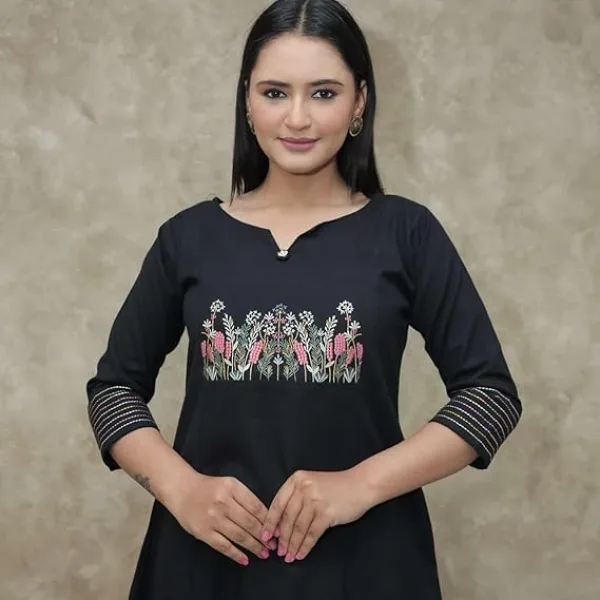 Women's Cotton Embroidered Straight Kurti with Pant Set