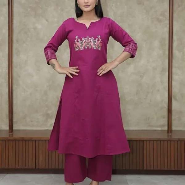 Women's Cotton Embroidered Straight Kurti with Pant Set
