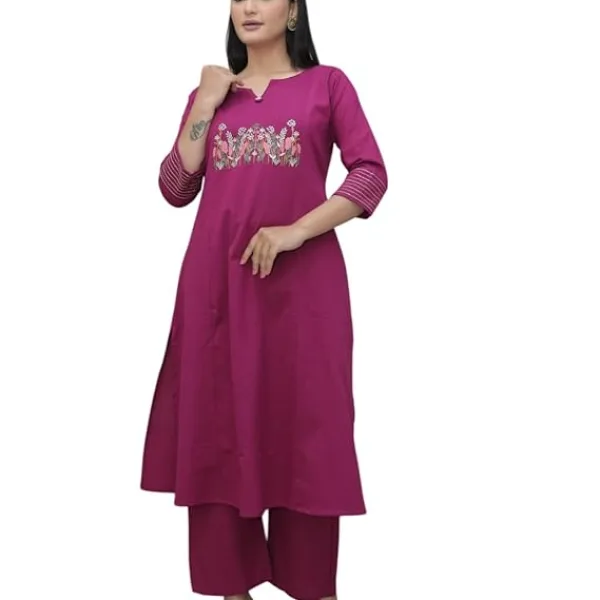 Cotton Embroidered Straight Kurti with Pant Set for Women