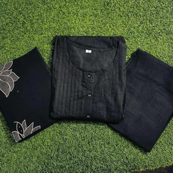 Women's Cotton Embroidery Floral Printed Long Straight Kurti with Pant and Dupatta Set