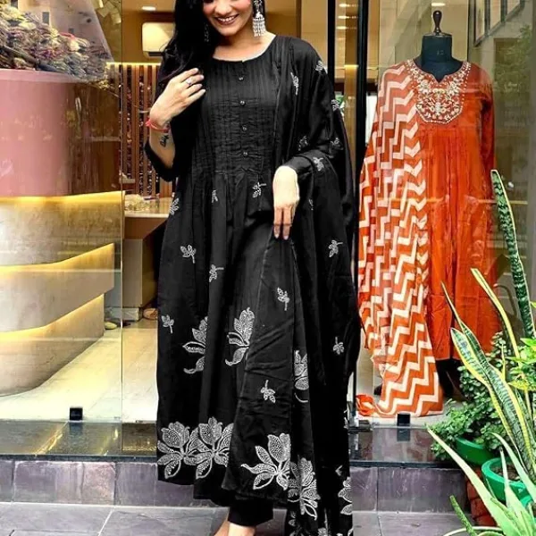 Women's Cotton Embroidery Floral Printed Long Straight Kurti with Pant and Dupatta Set