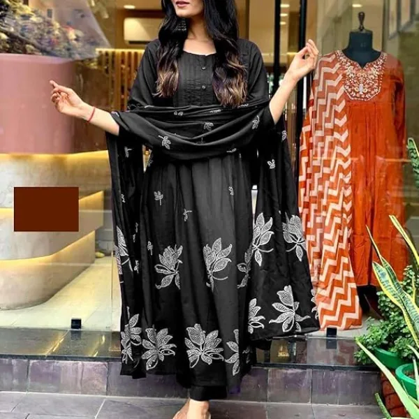 Women's Cotton Embroidered Floral Long Straight Kurti Pant Dupatta