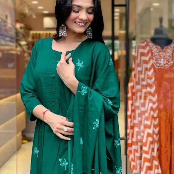 Women's Cotton Embroidery Floral Printed Long Straight Kurti with Pant and Dupatta Set