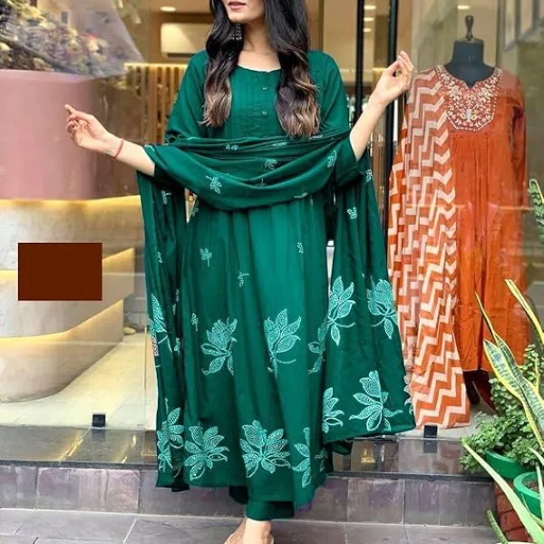 Women's Cotton Embroidered Floral Printed Straight Kurti Pant Set