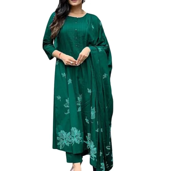 Women's Cotton Embroidered Floral Printed Straight Kurti Pant Set