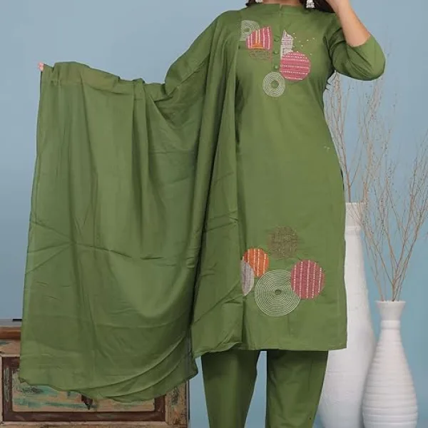Women's Cotton Embroidery Straight Kurti with Pant Set