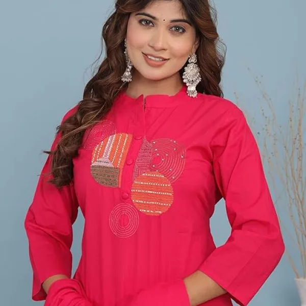 Women's Cotton Embroidery Straight Kurti with Pant Set