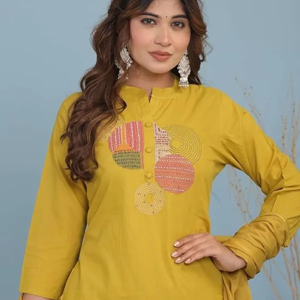 Women's Cotton Embroidery Straight Kurti with Pant Set