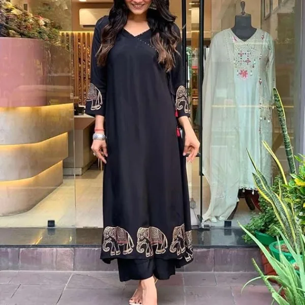 Women's Rayon Embroidered Straight Kurti with Pant Set