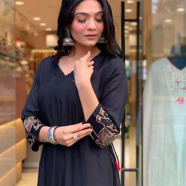 Women's Rayon Embroidered Straight Kurti with Pant Set