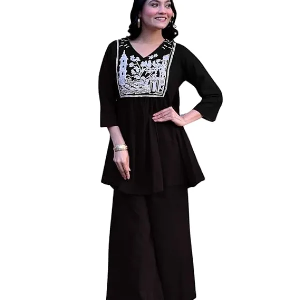 Women's Cotton Embroidered Flared Kurta with Pant Set