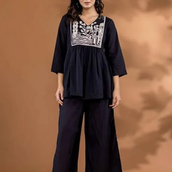 Women's Cotton Embroidered Flared Kurta with Pant Set