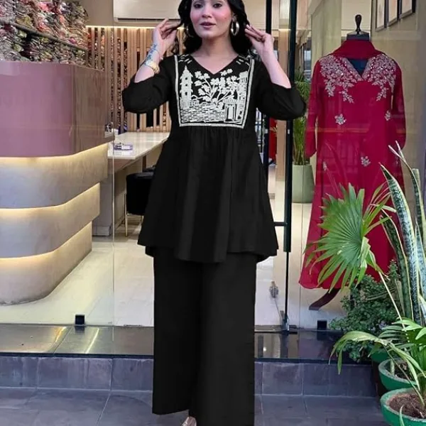Women's Cotton Embroidered Flared Kurta with Pant Set