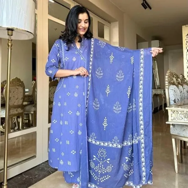 Women's Cotton Embroidered Anarkali Kurti with Pant and Dupatta Set