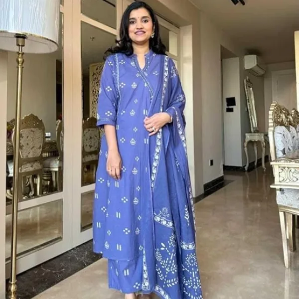 Women's Cotton Embroidered Anarkali Kurti Set with Dupatta