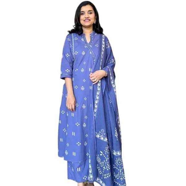 Women's Cotton Embroidered Anarkali Kurti Set with Dupatta