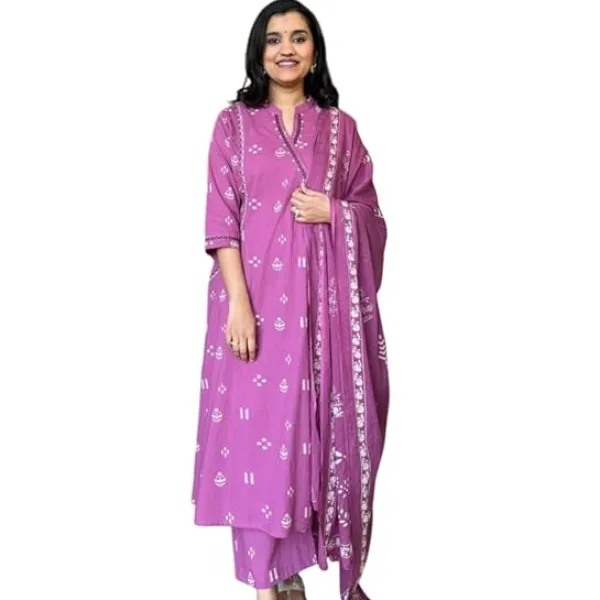 Women's Cotton Embroidered Anarkali Kurti with Pant and Dupatta Set