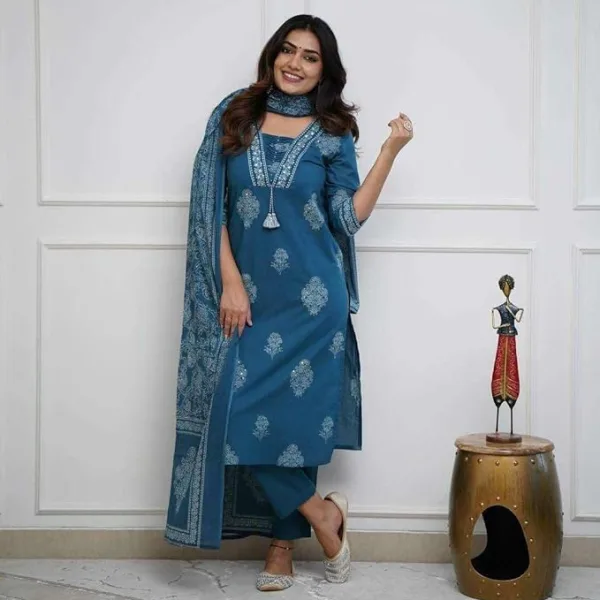 Womens Cotton Printed Straight Kurti with Pant Dupatta Set