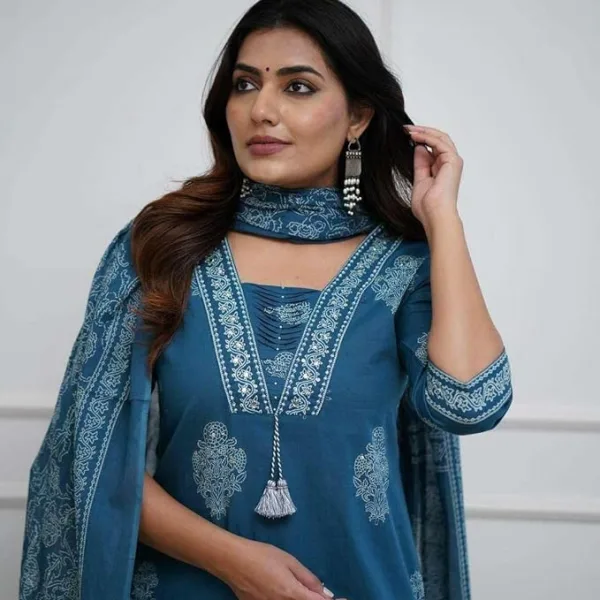 Womens Cotton Printed Straight Kurti with Pant Dupatta Set