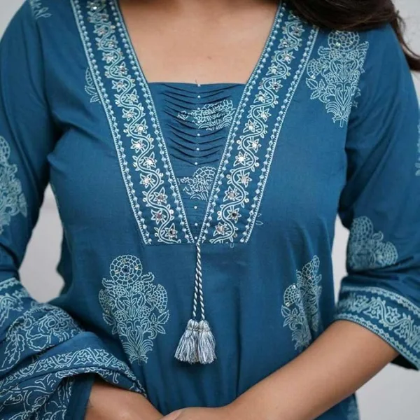 Womens Cotton Printed Straight Kurti with Pant Dupatta Set