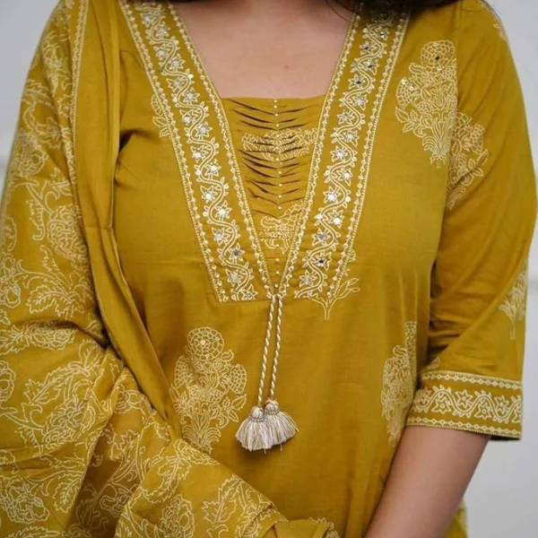 Women's Cotton Printed Straight Kurti with Pant and Dupatta Set