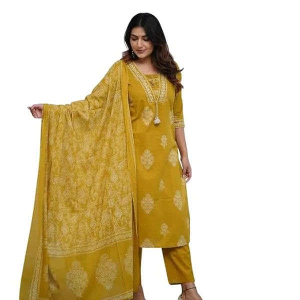 Womens Cotton Printed Straight Kurti Pant Dupatta Ethnic Wear Yellow