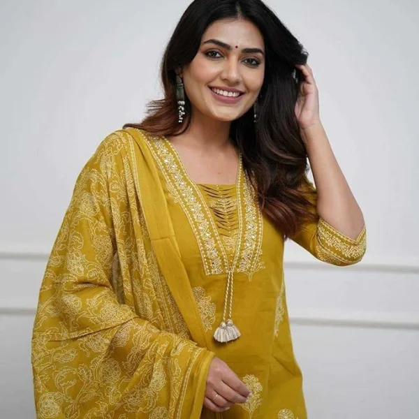Womens Cotton Printed Straight Kurti Pant Dupatta Ethnic Wear Yellow