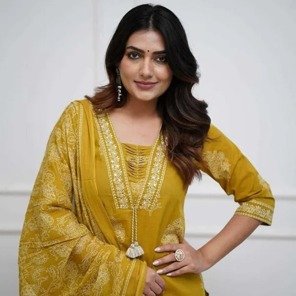 Womens Cotton Printed Straight Kurti Pant Dupatta Ethnic Wear Yellow