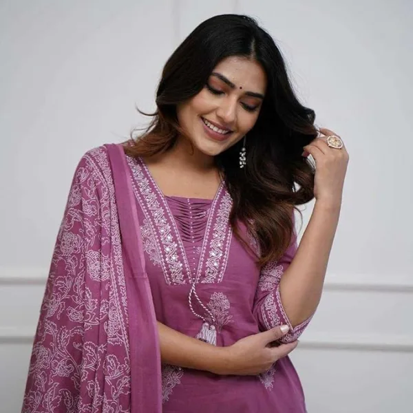 Women's Cotton Printed Straight Kurti with Pant and Dupatta Set