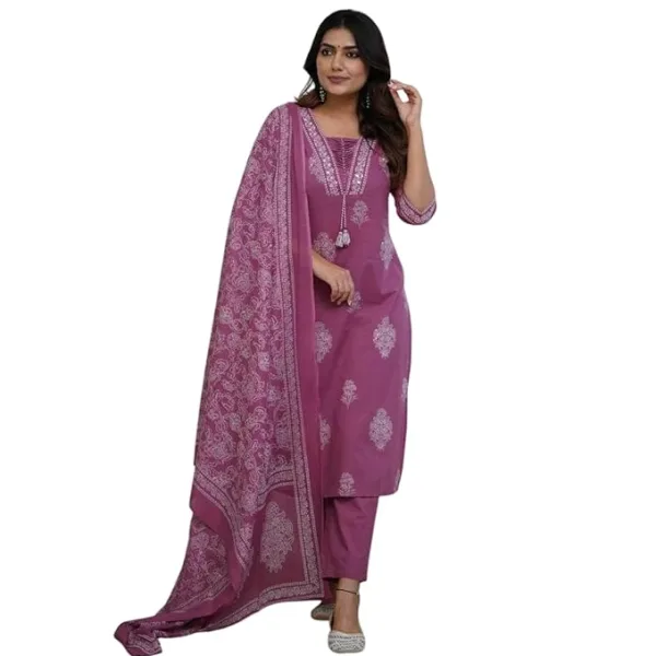 Womens Cotton Printed Straight Kurti with Pant and Dupatta Set