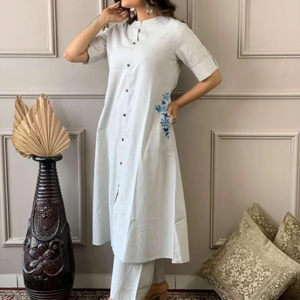 Women's Cotton Embroiderd Long A-Line Kurti with Palazzo