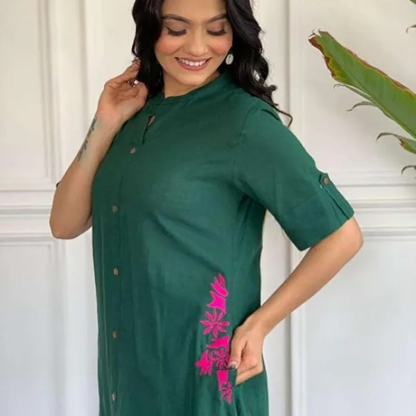 Women's Cotton Embroiderd Long A-Line Kurti with Palazzo