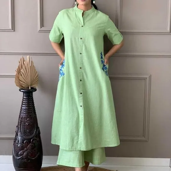 Womens Cotton A Line Embroidered Kurti Palazzo Set