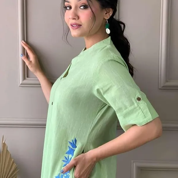 Womens Cotton A Line Embroidered Kurti Palazzo Set