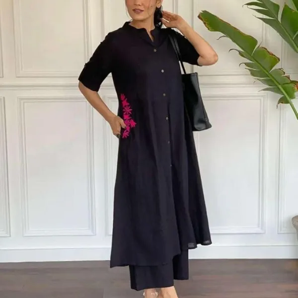 Women's Cotton Embroiderd Long A-Line Kurti with Palazzo