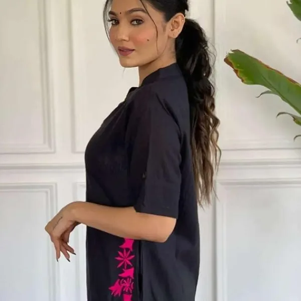 Womens Cotton Embroidered Long Kurti with Palazzo Pants