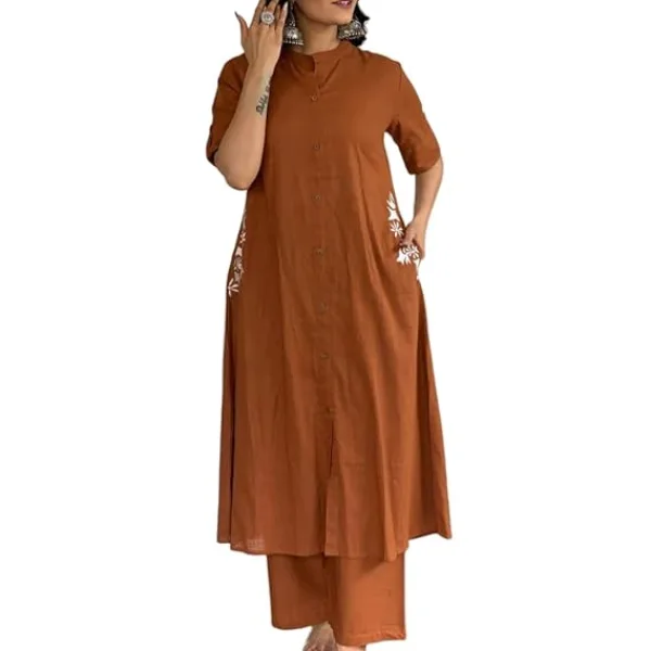 Women's Cotton Embroiderd Long A-Line Kurti with Palazzo
