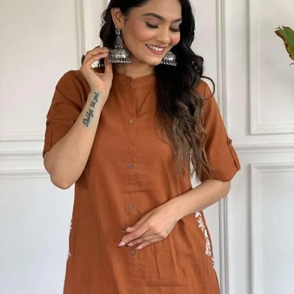 Womens Cotton Embroidery A Line Kurti Palazzo Ethnic Wear