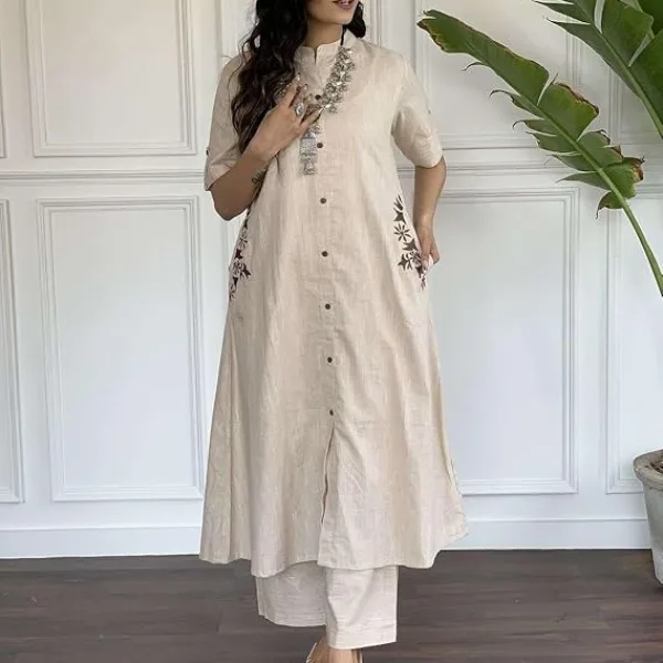 Women's Cotton Embroiderd Long A-Line Kurti with Palazzo