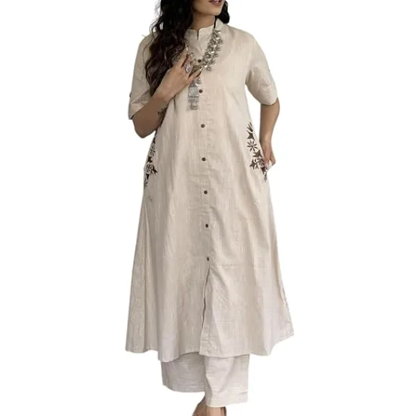 Women's Cotton Embroiderd Long A-Line Kurti with Palazzo