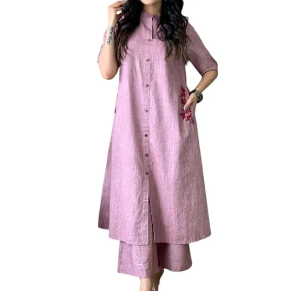 Women's Cotton Embroiderd Long A-Line Kurti with Palazzo