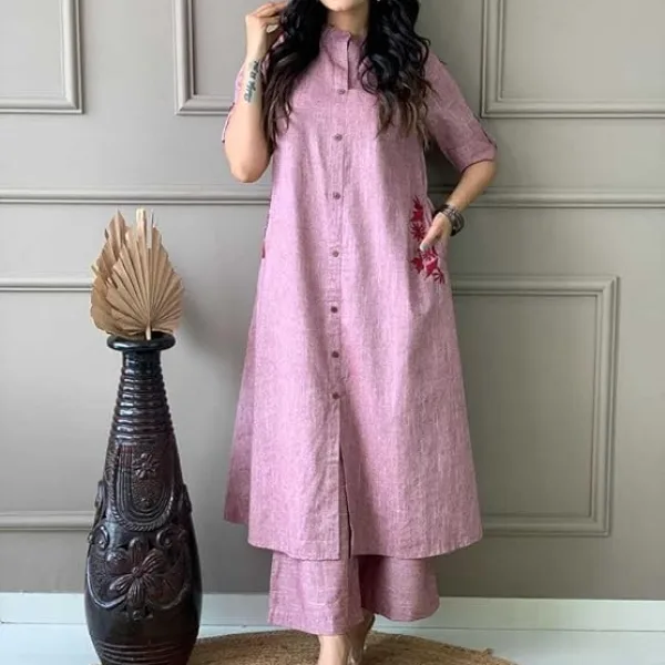 Women's Cotton Embroiderd Long A-Line Kurti with Palazzo