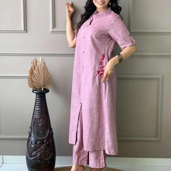 Women's Cotton Embroiderd Long A-Line Kurti with Palazzo